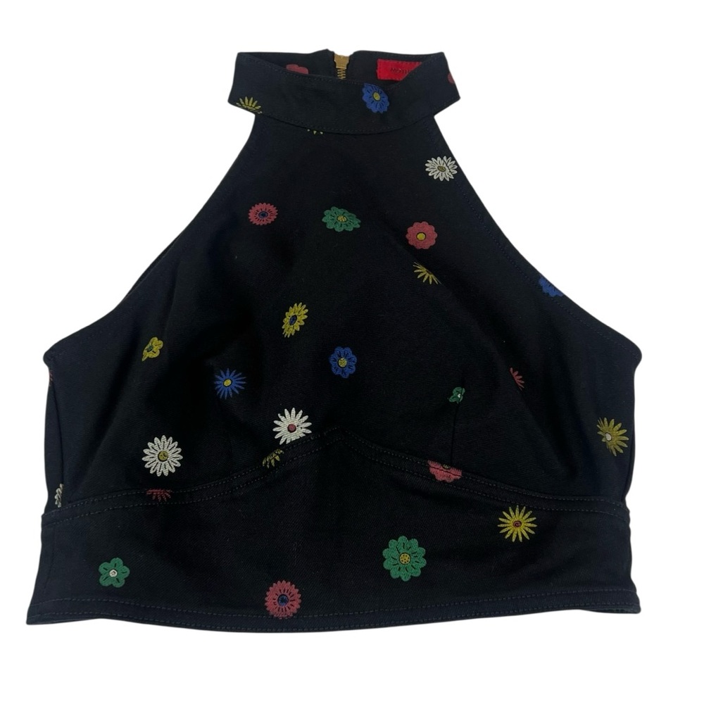 MOTHER Never Falter Halter Top Fresh as a Daisy Black Denim - Picture 2 of 12